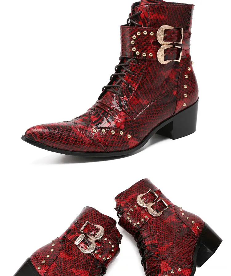 Herren Maßgefertigte Schlangenleder-Stiefel mit Nieten, Mittelhoch, Spitze Zehenkappe, Luxuriöser Singer-Modell-Stil, Bar-Party, Persönlichkeit, Herbstschuhe – Detail 12