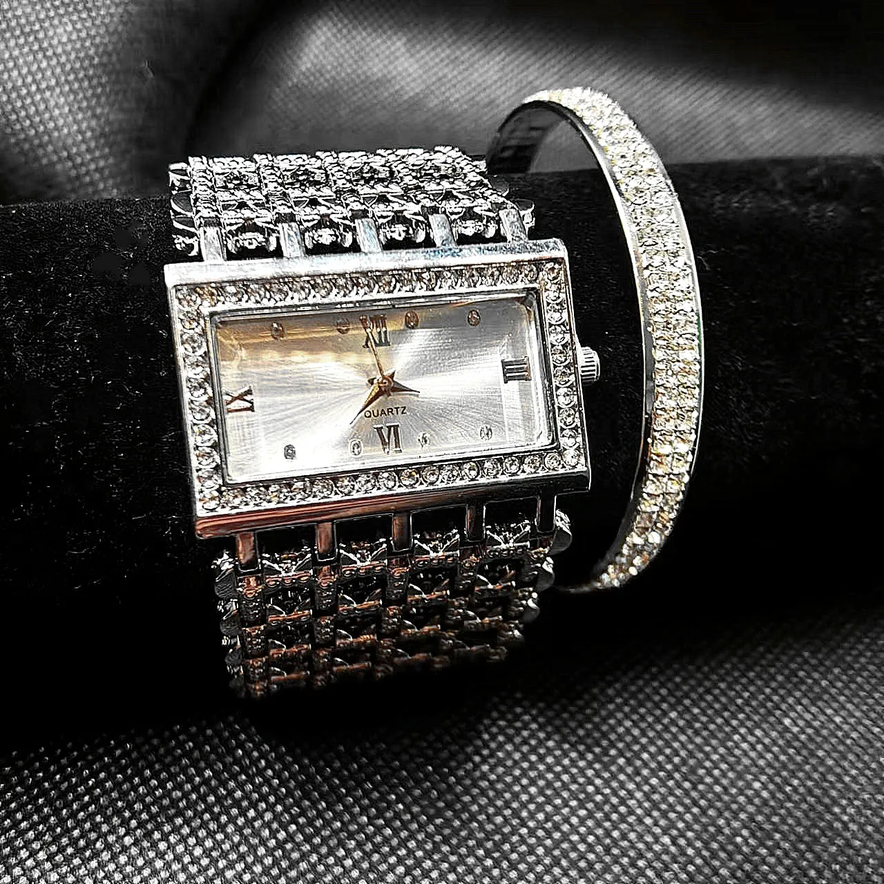 2pcs set Iced Out Watch Bangle for Women Bling Bracelet Iced Out Watch for Women Luxury Gold Watch Set Women Relojes Para Mujer