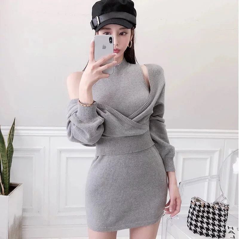 Women Retro Playful Two Piece Outfits Sets Small Fragrant Knitted Off-shoulder Sweater Pullover Tops and Dress Suits Clothing