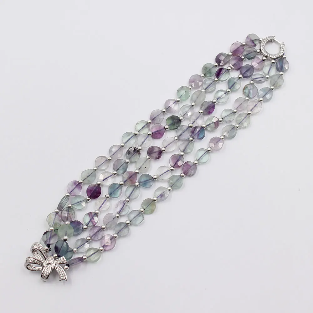 GuaiGuai Jewelry 5 Rows Natural Mix Color Fluorites Faceted Coin Beads Bracelet CZ Flower Clasp Handmade For Women