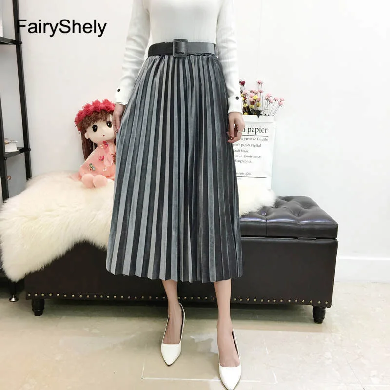 FairyShely 2024 Vintage Velvet Pleated Long Skirt Women Casual High Waist Midi Skirt Ladies Solid Belt Skirts Womens Clothing