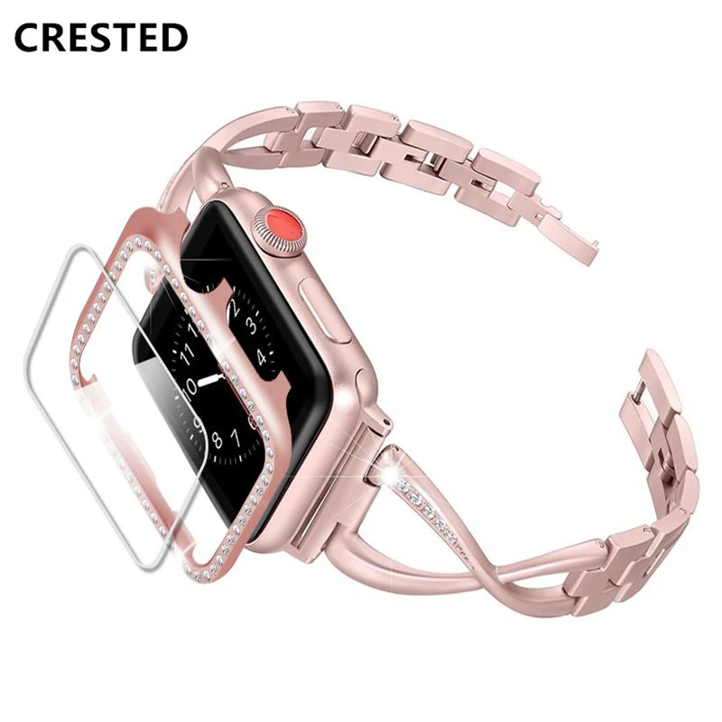 Diamond strap For apple watch band 38mm 40mm 44mm 42mm iwatch case cover Screen Protector For apple watch band 5 4 3 SE 6