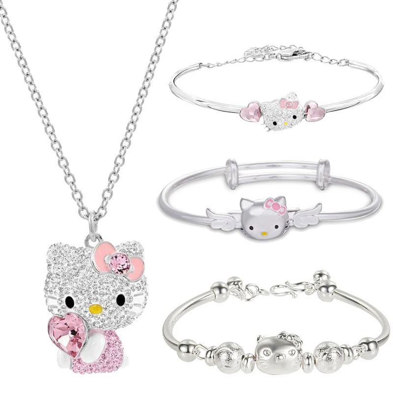 Kawaii Hellokitty Necklace Pink Heart Kitty Cat Bracelet Pendant Girls Clavicle Jewelry Personality Niche Design Sweater Chain