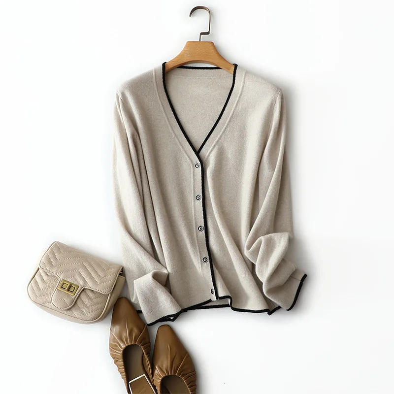 

high quality autumn winter new styles 100% cashmere contrast cardigan coat women knitted fashion v neck outerwear warm tops