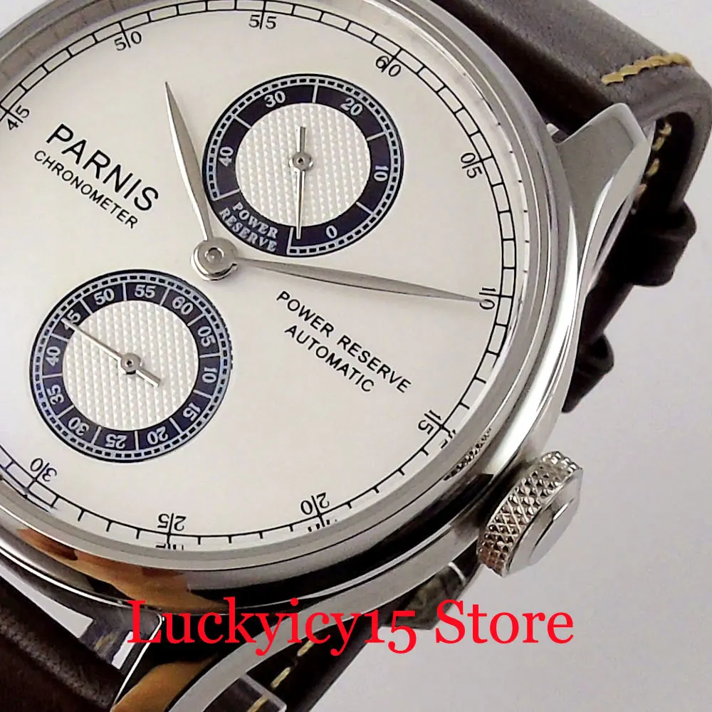 PARNIS Hot Mechanical Winding Men Watch Power Reserve Sub Dial Leather Band ST Movement