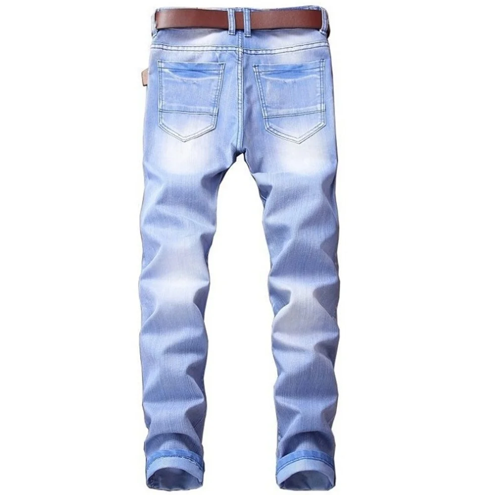 EH · MD® High Elastic Bleached Blue Jeans Men's Wavy Wrinkled Hole Patch Cotton Soft Small Straight High Street Slim Pants 2020