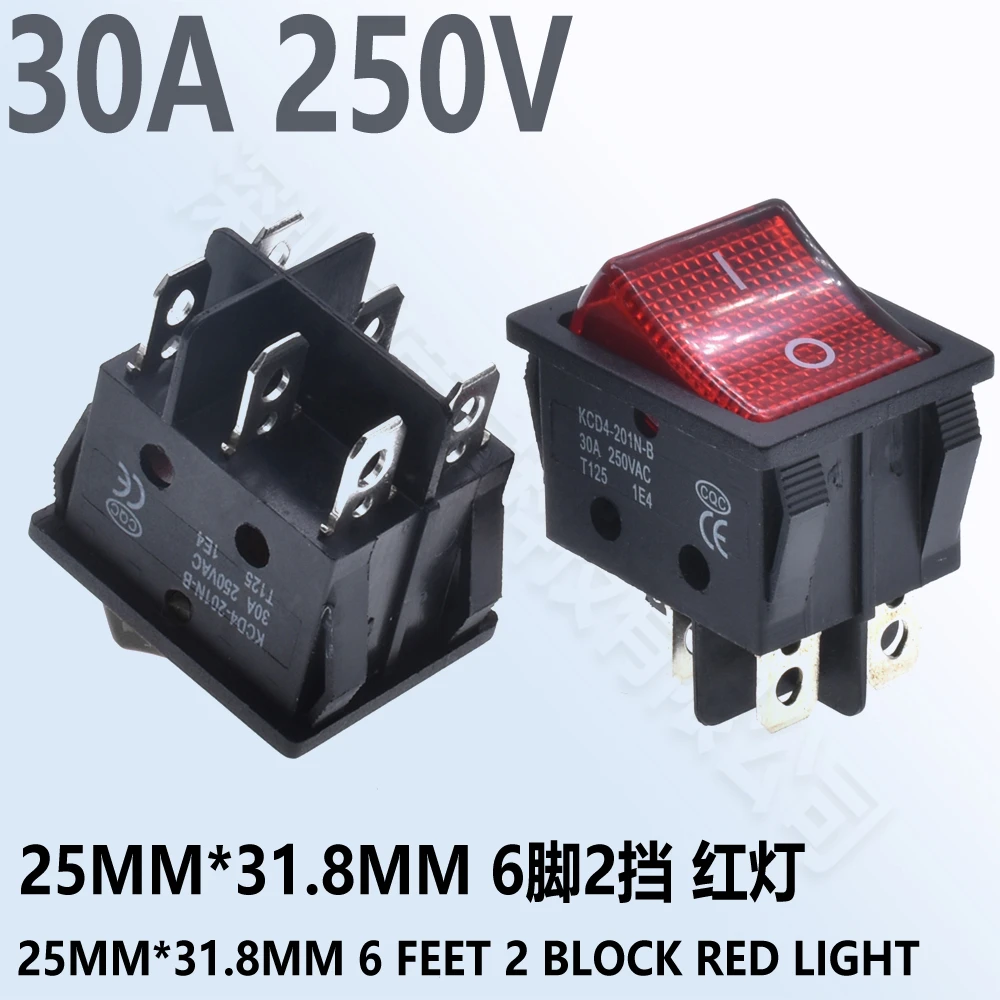 5pcs 30A 250V KCD2 KCD4 Rocker Switch DPST 4 Pin 6Pin Red Lighted 120V Rocker Toggle Switch ON Off Heavy Duty 22*29 High voltage