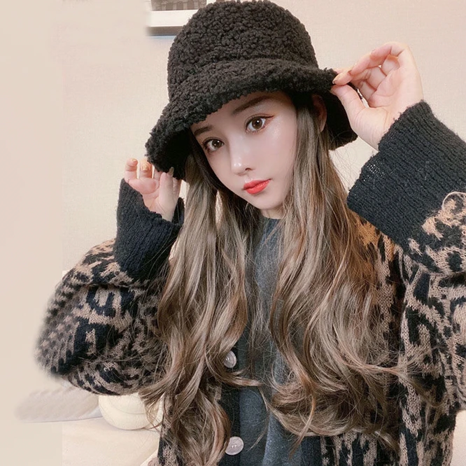 Lamb  Fisherman Hat Wig Hat Fashion Corn Hot Water Corrugated Long Curly Hair Female Hat Girl Decoration Brown Black