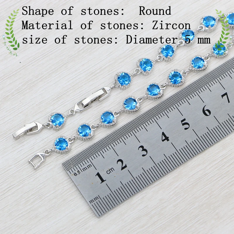 925 Stamp Logo Sterling Silver Bracelet for Women Sky Blue Zircon 17 Cm + 3 Cm Extension 2 Buttons Adjustable Length Bracelet