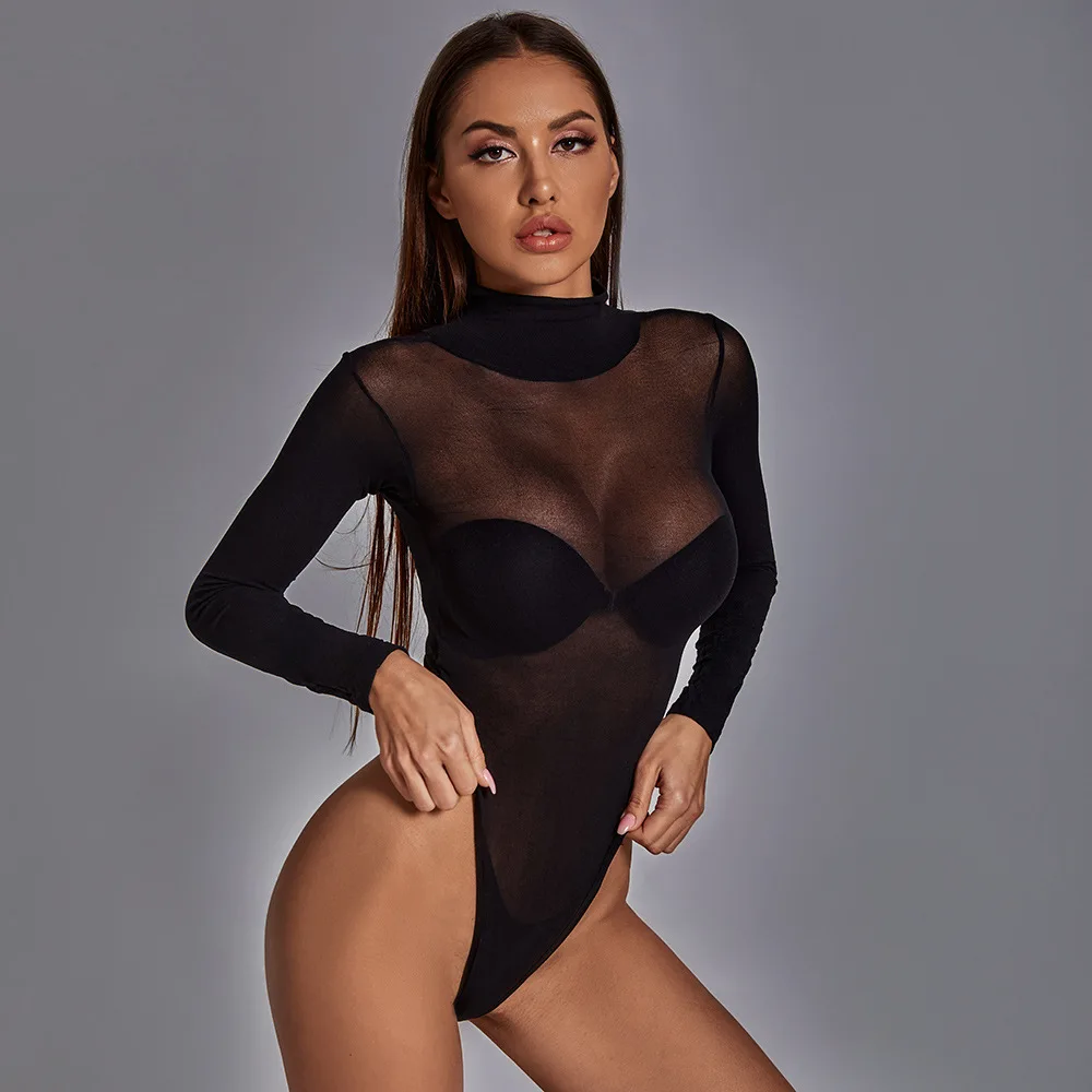 Sexy See Through One Piece Swimsuit Women Long Sleeve Transparent Thong High Fork Bikini Swimwear Plus Size Bathing Suit Women