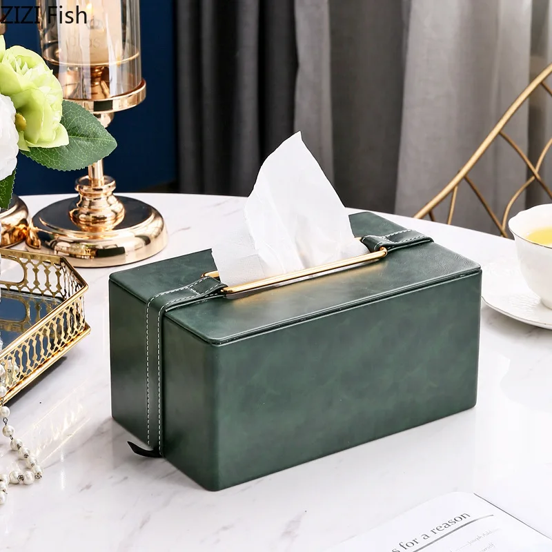 Leather tissue box Handmade Metallic green Paper box Tea table storage organization ornaments napkin holder Home Decoration