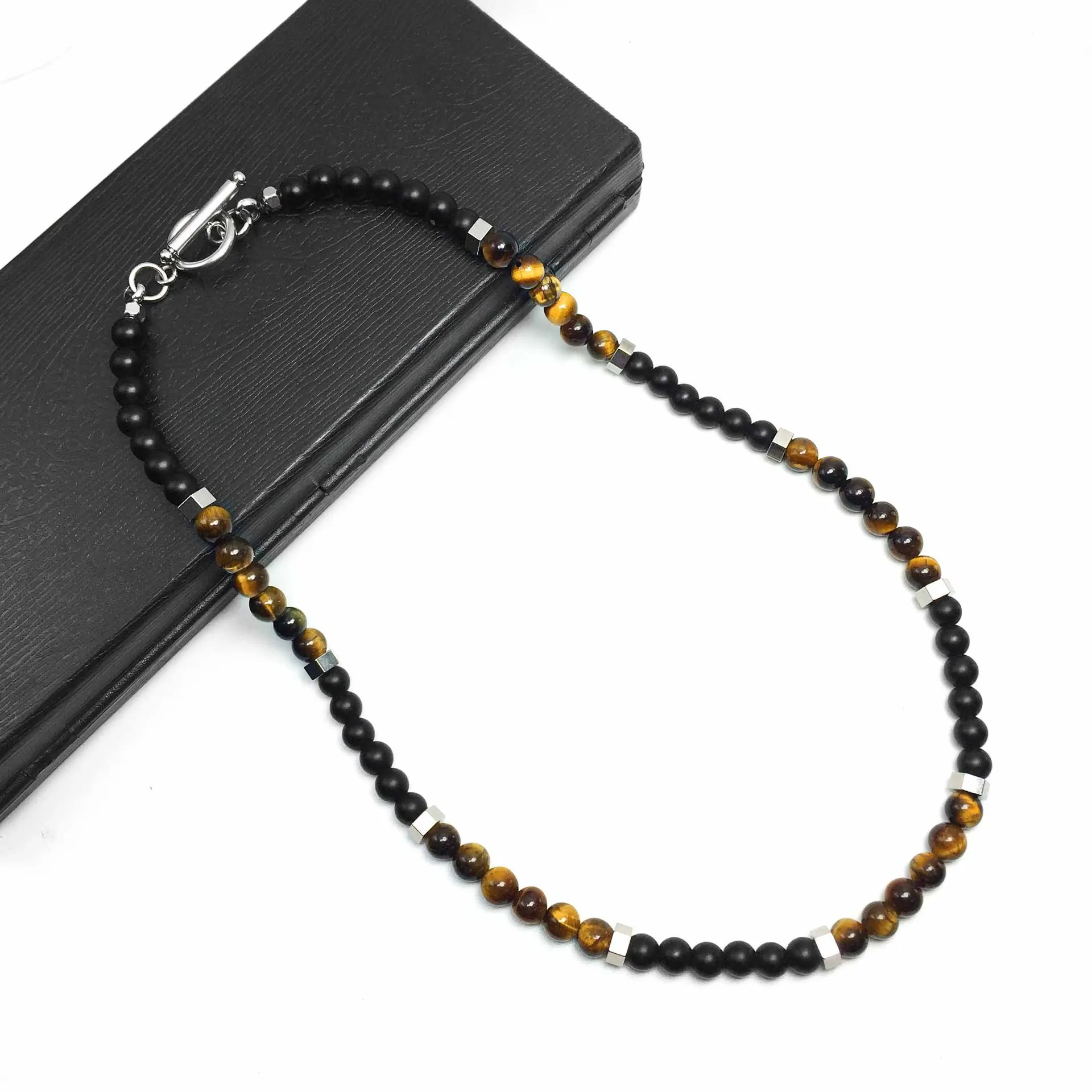 Natural Stone Beads 6mm Frosted Black Onyx Lava Yellow Tiger Eye Map Stone Necklace OT Buckle Hexagonal Accessories for Jewelry