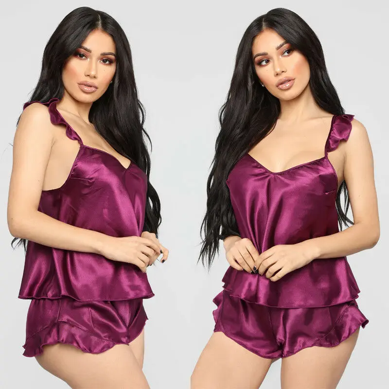 Women Sleepwear Babydoll  Lingerie Nightwear Shorts Pjama Set Ruffles Solid Satin Silk Lace Homewear S-XXL