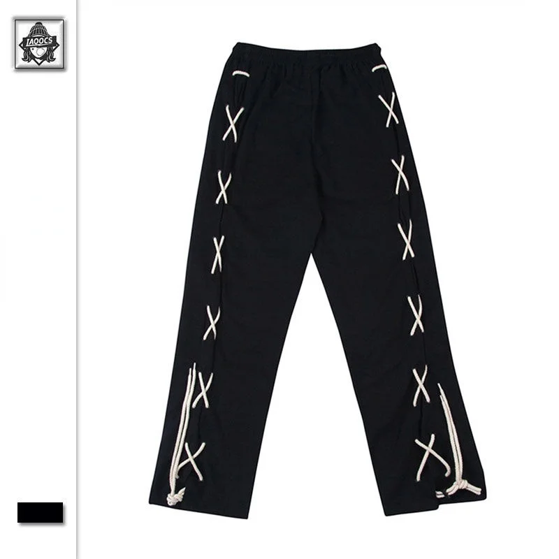 Summer Thin Trousers Women\'s & Mens Hip Hop Clothing Cross-Tied Loose Straight Casual Trousers Black High Street Wide Leg Pants