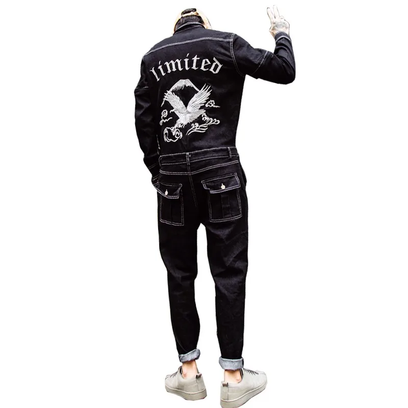 Harajuku Mens One Piece Denim Jumpsuit Hawk Embroidery Jeans Bib Overall Streetwear Zipper Sleeve Suit Long Cargo Pants Pockets