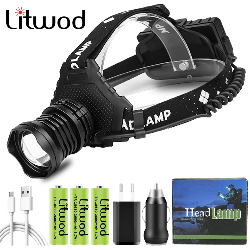 Xhp90 Led Headlamp Headlight Power Bank Head Lamp Flashlight 3 Pcs 18650 Battery Bulbs Zoom in / Out Lithium Ion Litwod 10 Hours