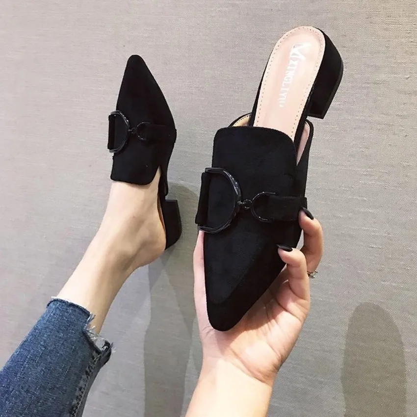 Zapatos de mujer a la moda, zapatillas puntiagudas informales con hebilla y tacón bajo, novedad de verano 2019