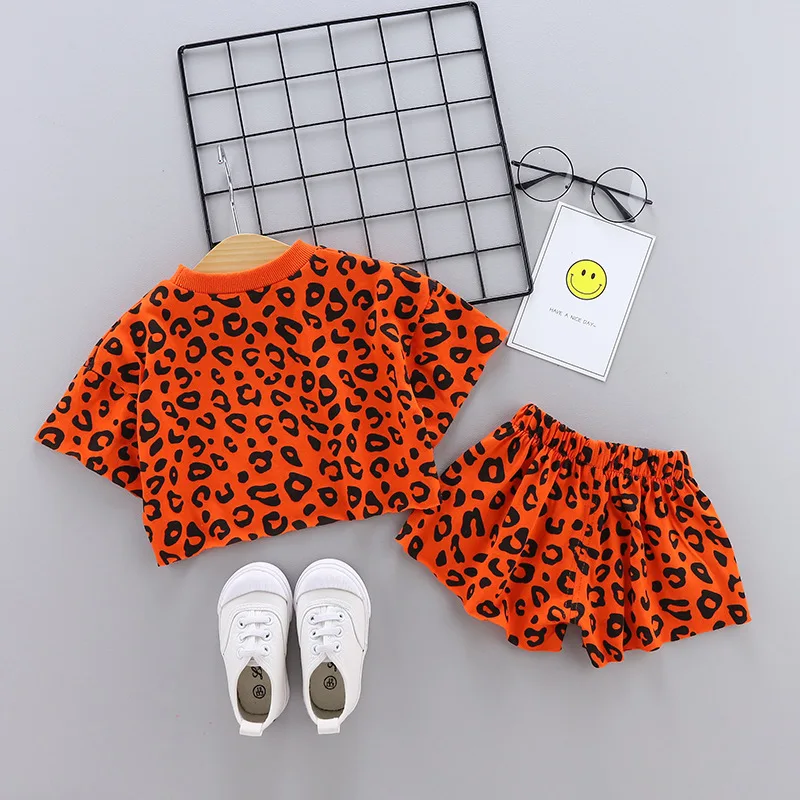 2024 New Infant Girls Clothes Sets Summer Leopard 2pcs Cotton Short Sleeve t shirts+Shorts Casual Kids Girls Sports Suits