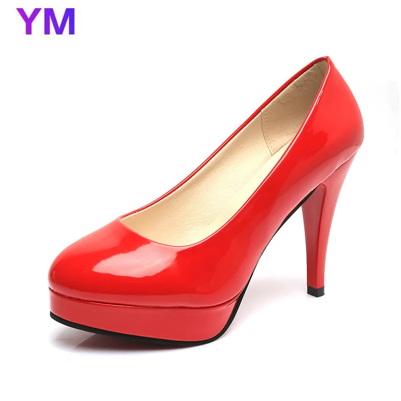 Plus Size 33-43 Women Dress Shoes Round Toe Thin Heeled Pumps Slip-On High Heels Patent Leather Wedding Ladies Zapatos Mujer