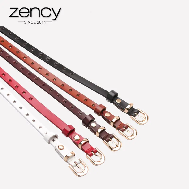 Zency 100% Genuine Leather Women Waist Belts Five-pointed Star Hollow-out Wild Sweater Skirt Pants Decorative Skinny Belts