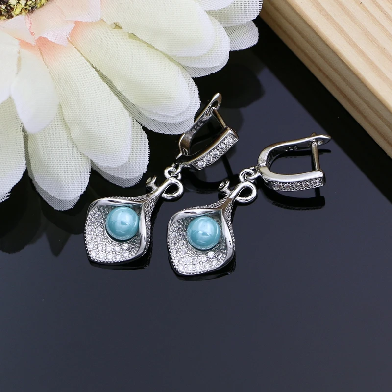 Blue Pearls Horn 925 Sterling Silver Bridal Jewelry Sets  For Women Earrings With Stone Plant Design Ring Bracelet/Necklace Set
