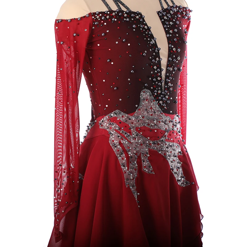 Nasinaya Figure Skating Dress Custom Competition Skating Skirt Girl Woman Burgundy Long Sleeve Gymnastics Performance Suit
