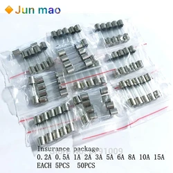 50PCS/LOT 10 Kinds 5x20mm Fast Glass Fuse Kit In Package 0.2A 0.5A 1A 2A 3A 5A 6A 8A 10A 15A /250V 5*20 Insurance Tube Package