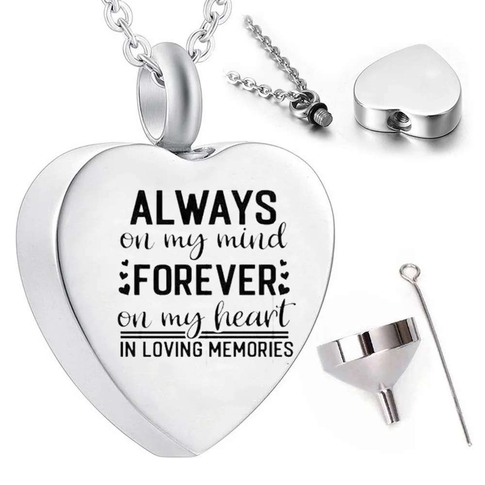 Heart pendant necklace with lettering ashes urn souvenir cremation jewelry-Always on my mind forever on my heart