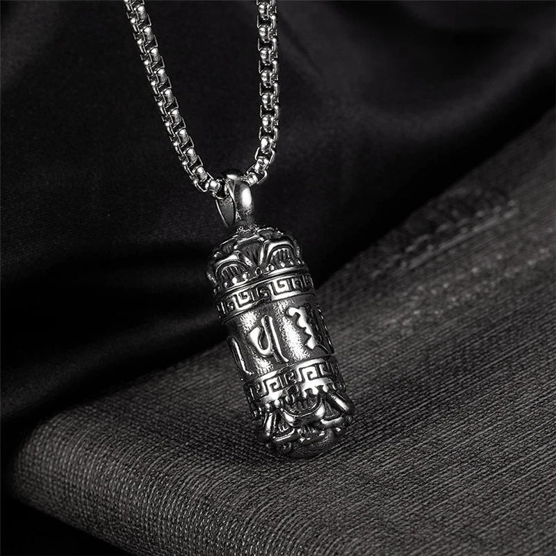 Six-Words Men\'s Necklace Cylindrical Pendant Vintage Tibetan Buddhism Necklaces Stainless Steel Lucky Amulet Male Retro jewelry