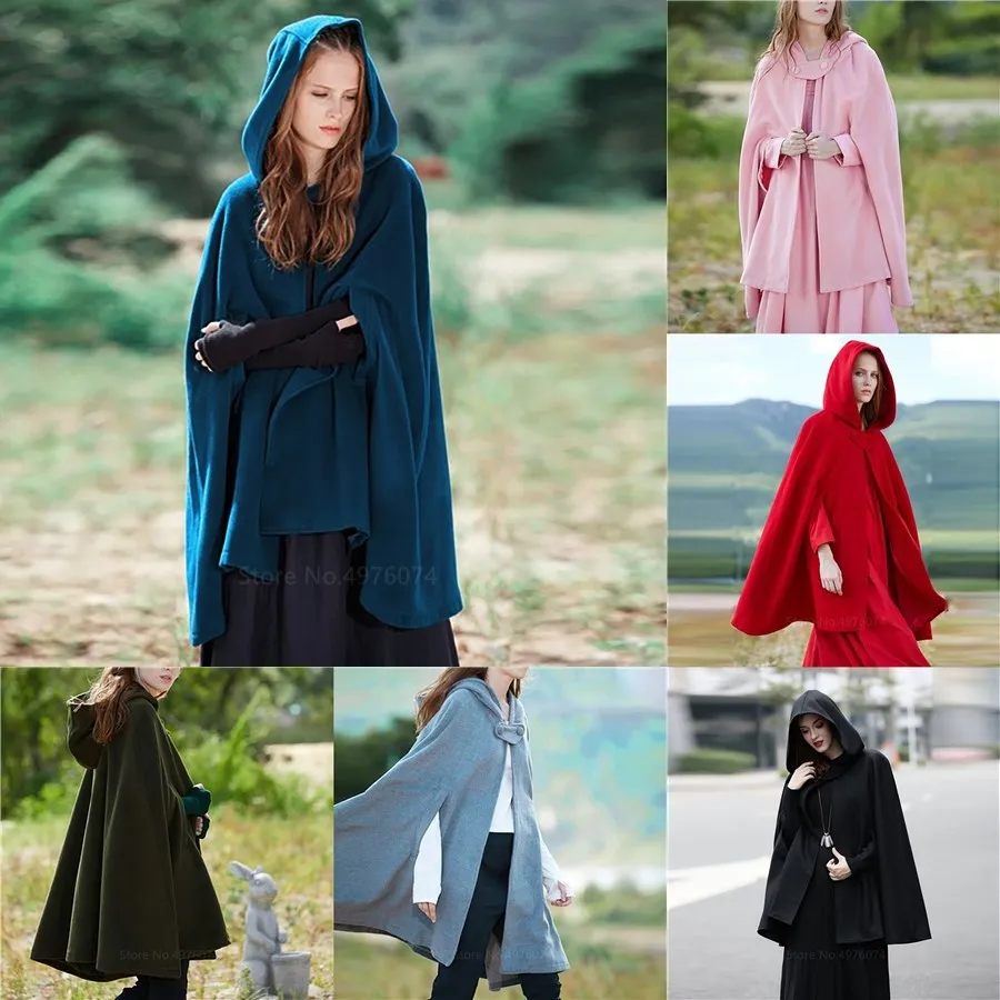 Medieval Cosplay Costumes for Women Vintage Hooded Short Cloak Adult Witch Loose Plus Size Hooded Jacket Solid Color Renaissance