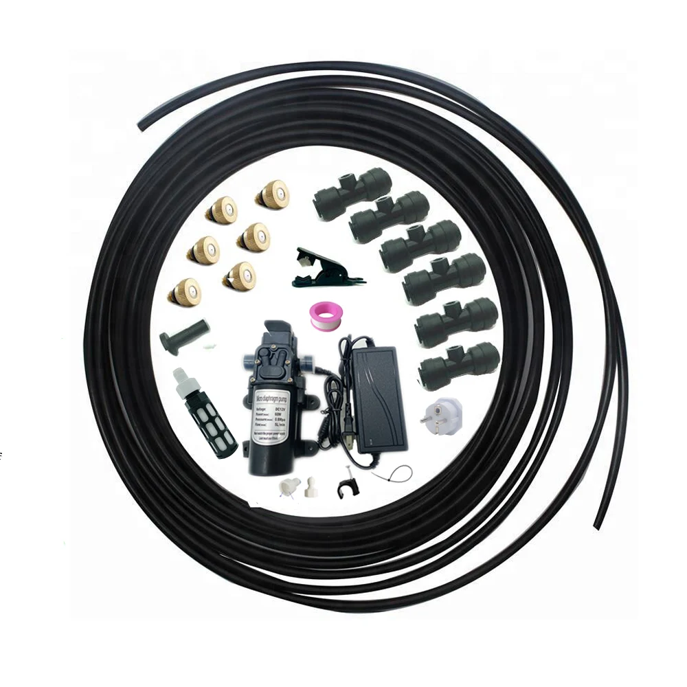 DIY Water Mist Spray Electric Diaphragm Pump Kit Garden Greenhouse Misting Cooling System 9M 6PCS Fog Nozzles Gardening Tools