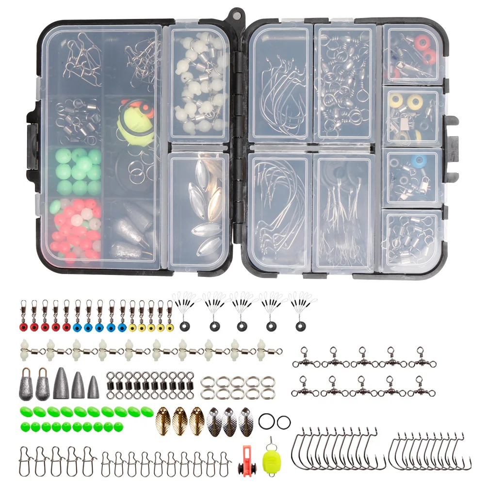 Set of 183 Mini Tackle Box Fishing Accessories Kit Including Jig Hooks Casting Weights Sinker Beans Glitter and More E2S