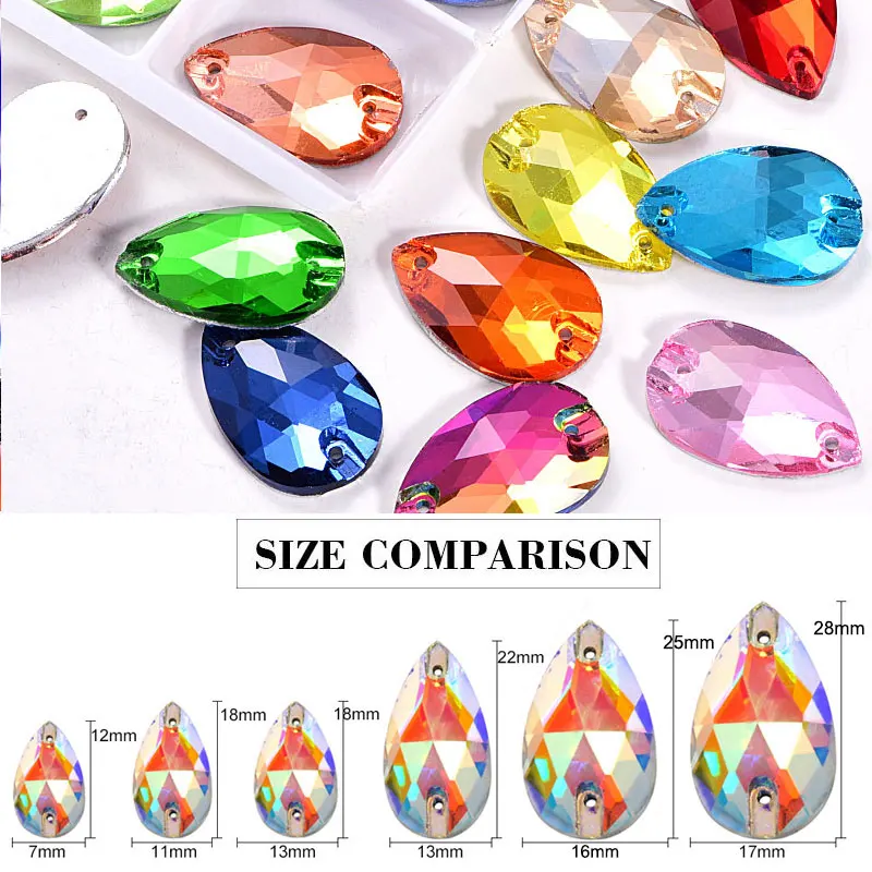 Teardrop Glitter Colors Sew on Rhinestone Flatback Crystals Droplet Sew-on Rhinestone Glass Strass Wedding Dress F0155