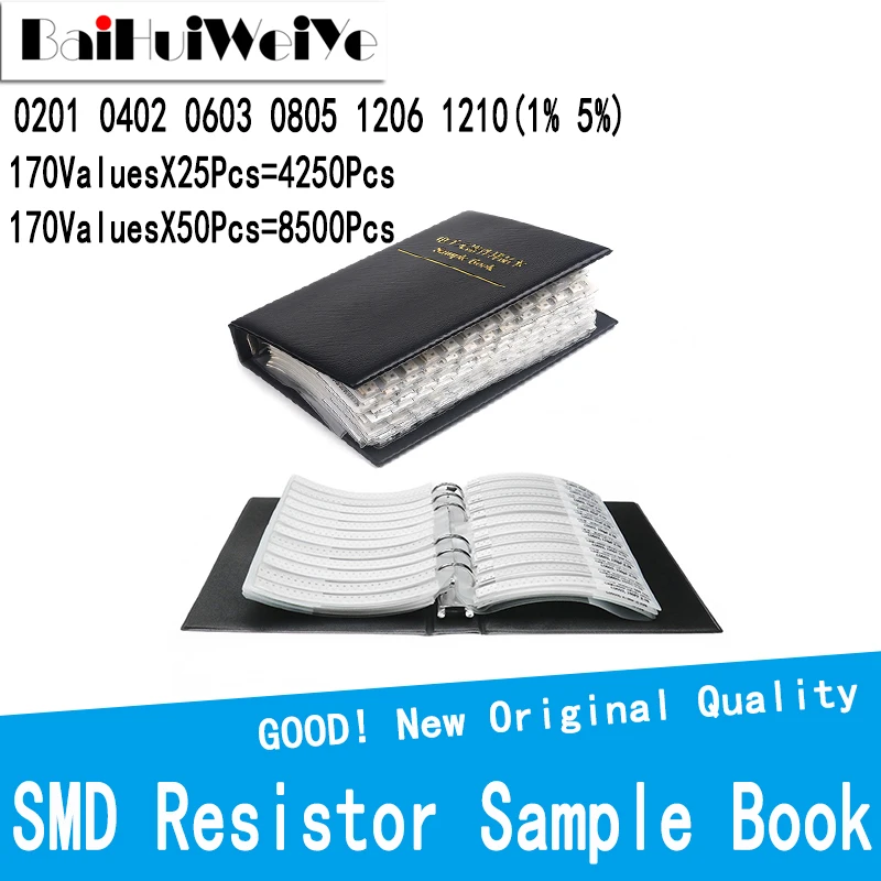 8500/4250Pcs 1206 8050 0603 0402 0201 1% SMD SMT Chip Resistor Assortment Kit 170Values*50Pcs 170Values*25Pcs Sample Book 0R-10M