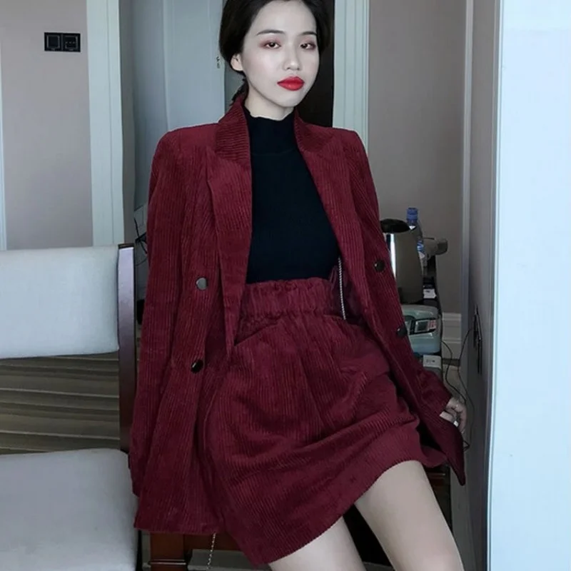 Womens Spring Wine Red Corduroy Blazer Set Fashion Office Lady Skirt Two Piece Set Double Breasted Suit Jacket Loose Pants Set