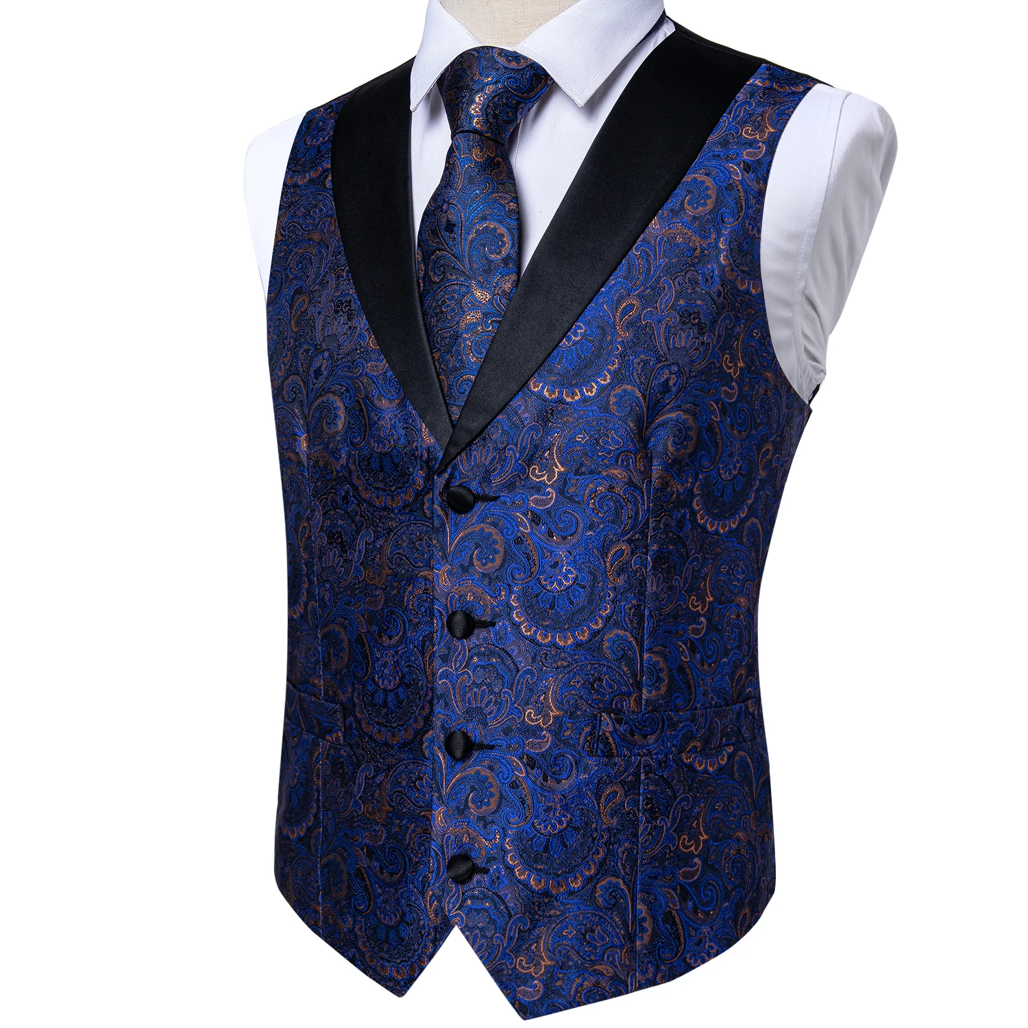 Men's Vest Blue Silk Floral Suit Vest V Neck Tie Set For Wedding Party Brand Formal Dress Waistcoat Man Casual Sleeveless Jacket