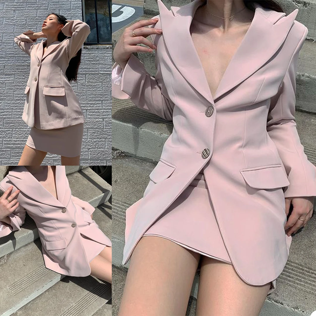 

Sexy Pink Women Suits Fashion Designed Peaked Lapel Pocket Blazer Mini Skirt Club Party Casual Daily Young Girl 2 Pieces Set