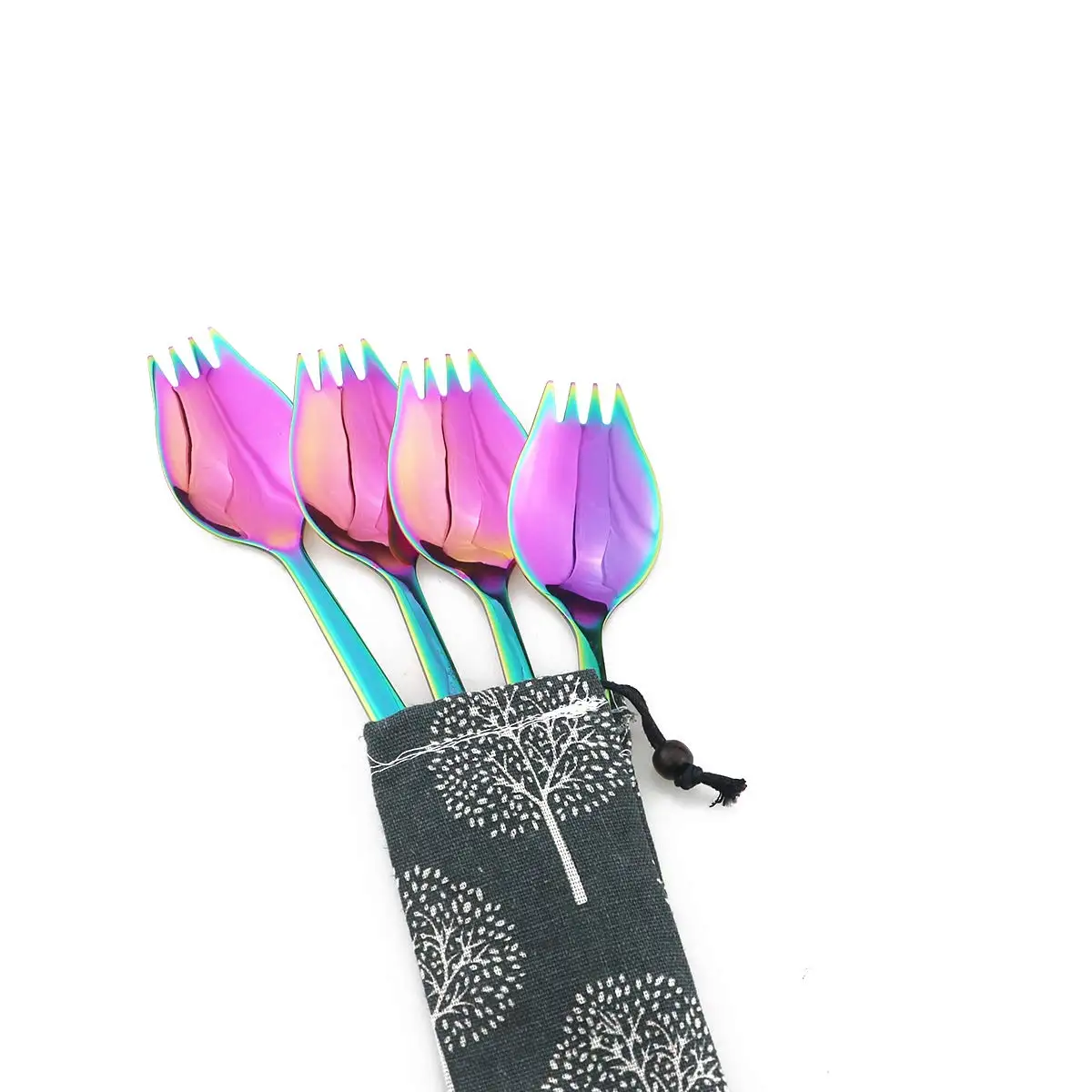 4 Pcs Rainbow Spork for Household Camping Travel Hiking 18/10 Stainless Steel Spoon Fork Noodles Appetizer Dess ert Spoon