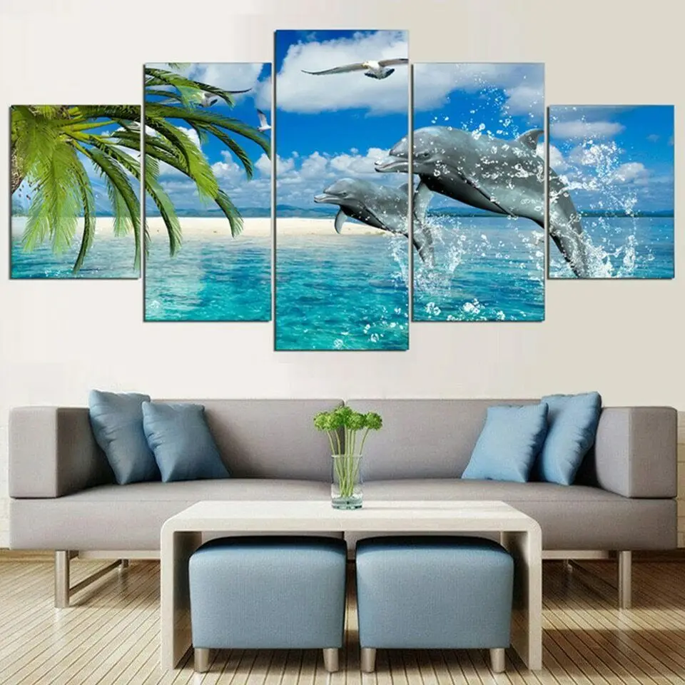

5Panel Dolphin Animal Sea Landscape Posters Canvas Wall Art HD Pictures Decoration Living Room Accessories Home Decor Paintings