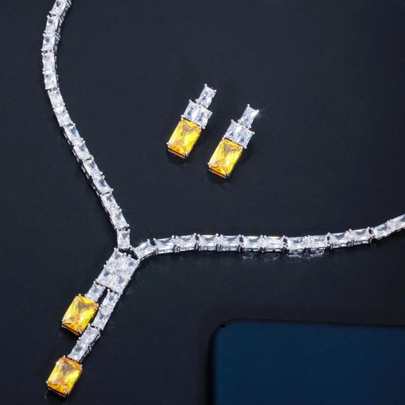 BeaQueen New Design Brilliant Yellow CZ Square Drop Earrings Necklace Jewelry Set for Women Bridal Wedding Accessories JS221