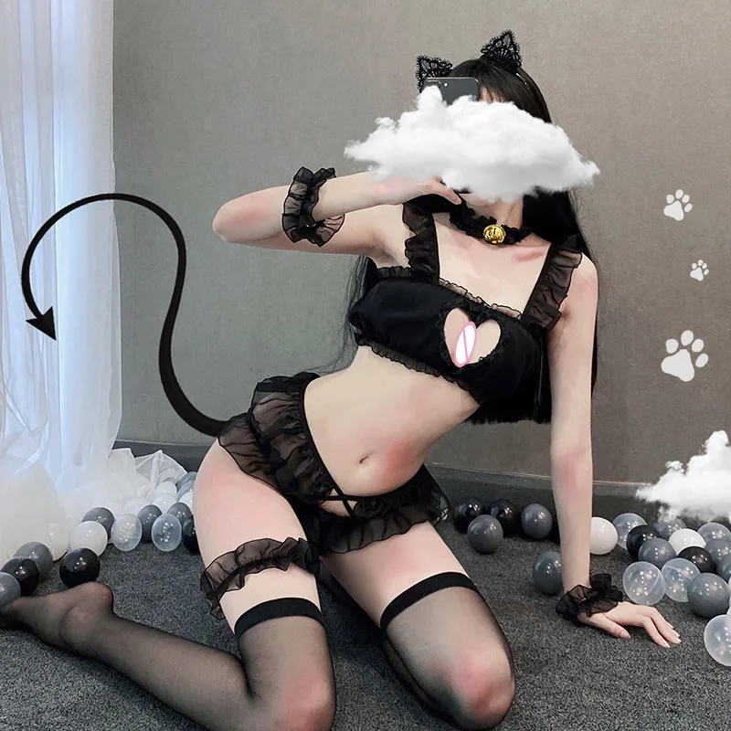 Sexy Lingerie wild Cat Cosplay reggiseno Set di pizzo diavolo lesbico tentazione nera costumi di ruolo uniforme erotica vestito caldo per le donne