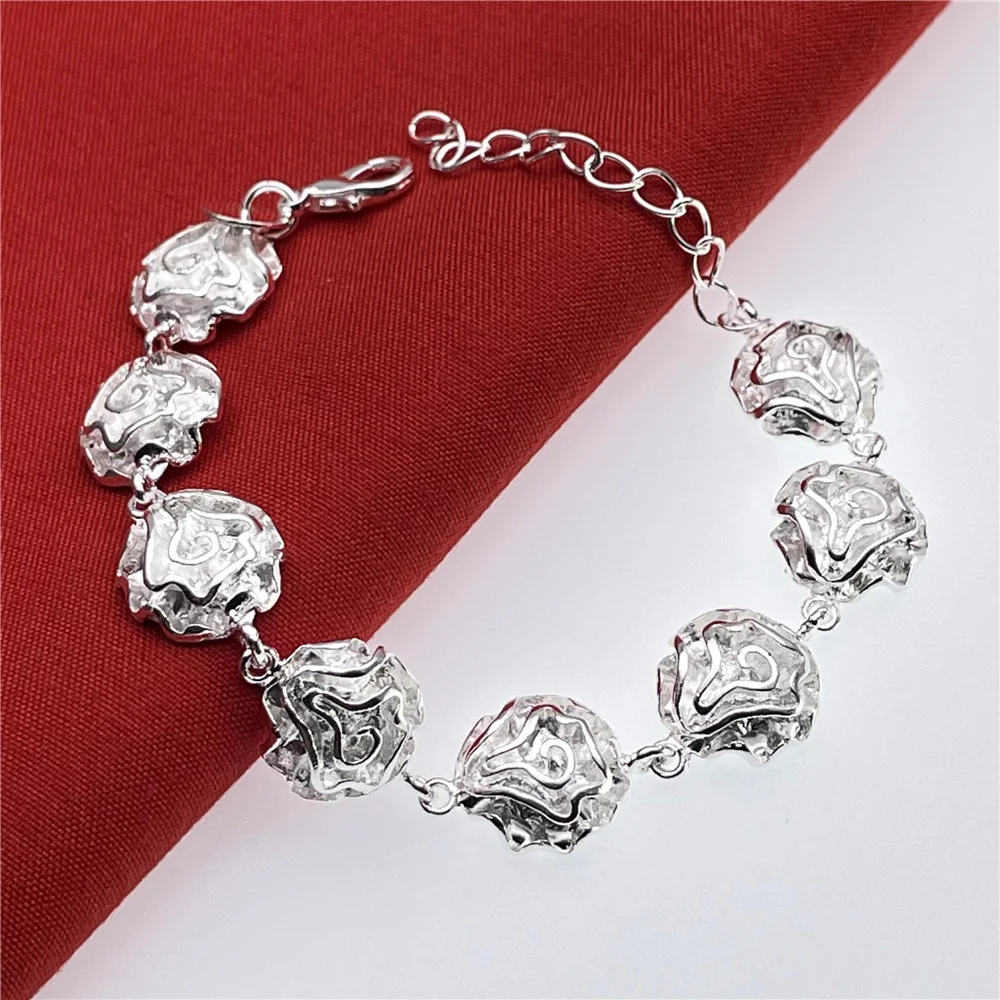 

925 Sterling Silver Bracelet, Rose Flower Chain Pendant For Women, Party And Wedding Jewelry