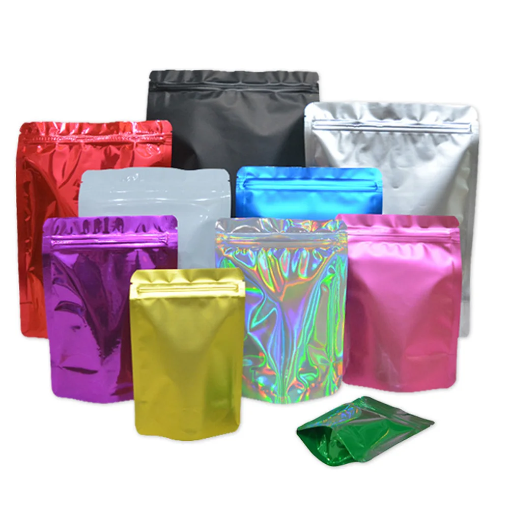 

100Pcs 14*20cm Glossy Aluminum Foil Stand Up Bag Zip Lock Self Seal Reusable Tear Notch Food Ground Candy Tea Packaging Pouches