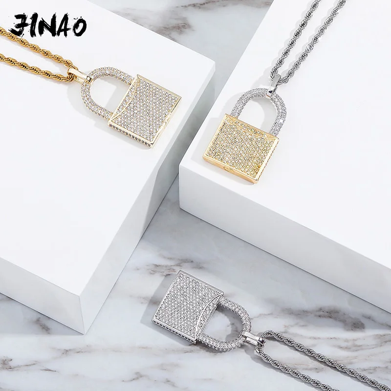 JINAO 2020 NOW HIP HOP High Quality  Personality Iced Out AAA+CZ Lock shaped Pendant With 4mm tennis chain Men and Women Jewelry