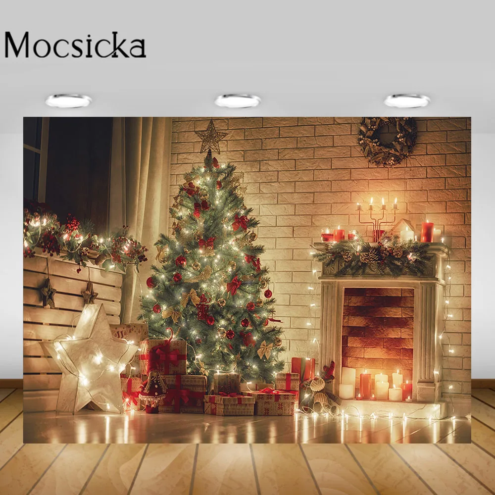 

Mocsicka Christmas Tree Lights Gift Photo Backdrop Newborn Baby Birthday Portrait Photography Background Brick Wall Candle Decor