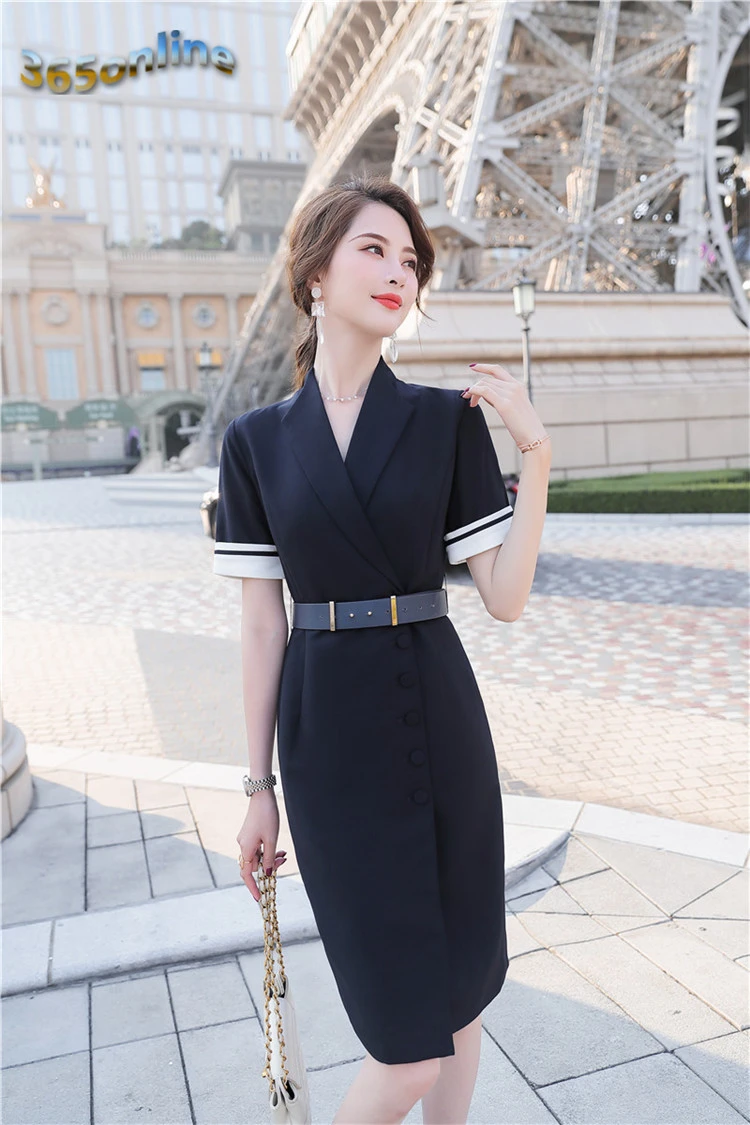 Fashion Elegant Blue Summer Short Sleeve Dresses for Women Office Work Wear Slim Hips Dress Beauty Salon Clothes with Belt