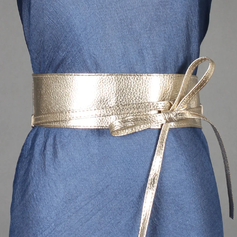 Metallic Silver Vegan Leather Wide Waist Obi Statement Belt Metallic Silver Obi belt soft genuine leather wrap belt  main image 3