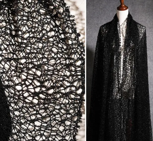 

Bright Silk Hollow Net Yarn, Polyester Fabric Dress Perspective,Irregular DIY Lace Texture, Knitting Creative Cloth, Black, D294