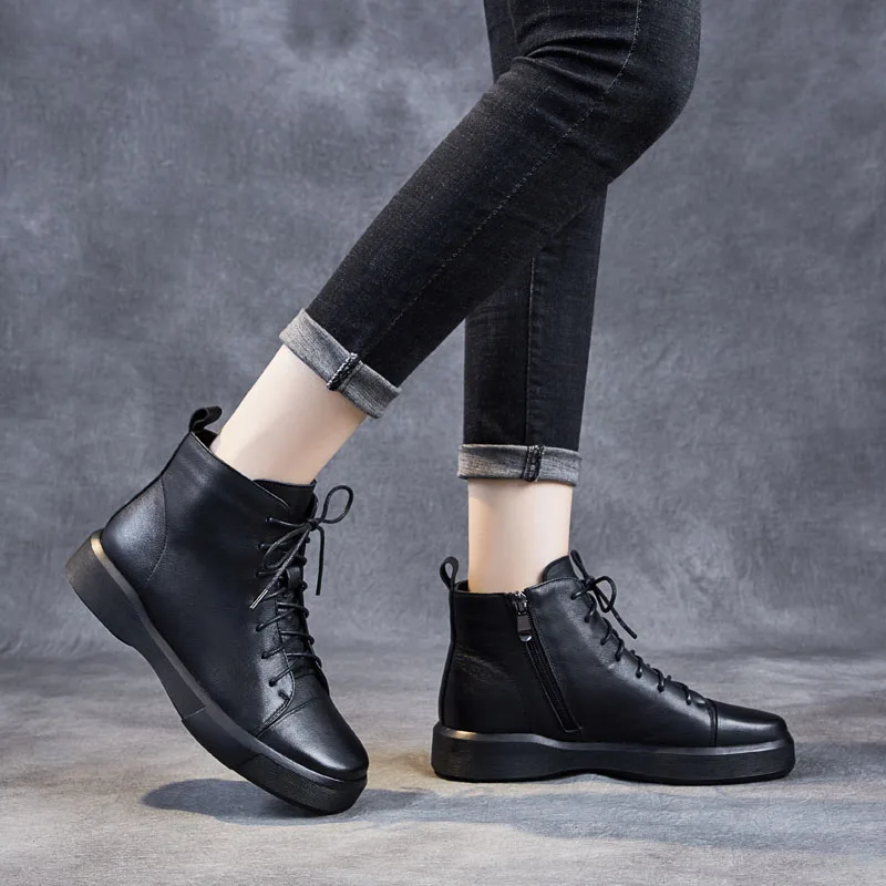 DRKANOL Classic Black Women Boots 2024 Autumn Winter Warm Shoes Women Genuine Leather Ankle Boots Soft Sole Handmade Flat Boots