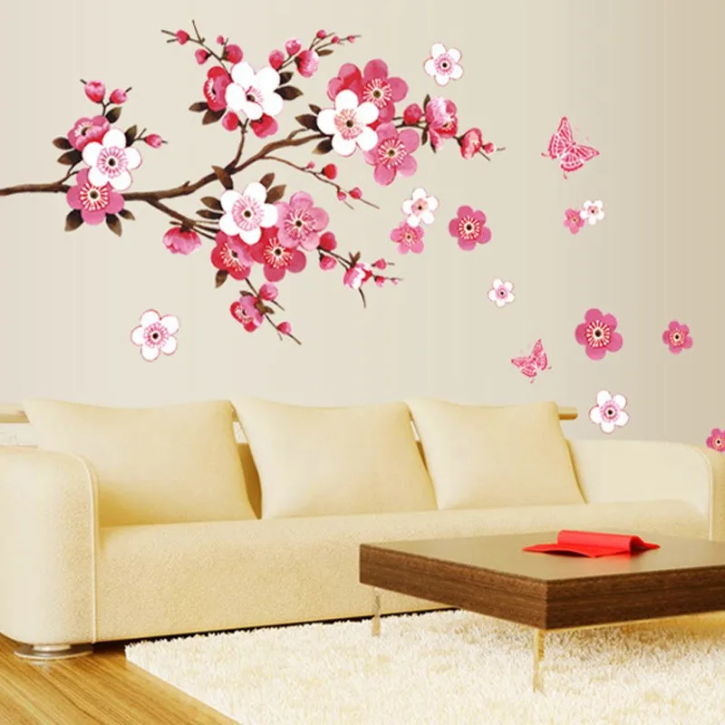 

holesale beautiful sakura Wall Stickers living bedroom decorations 739. diy flowers pvc home decals mural arts poster